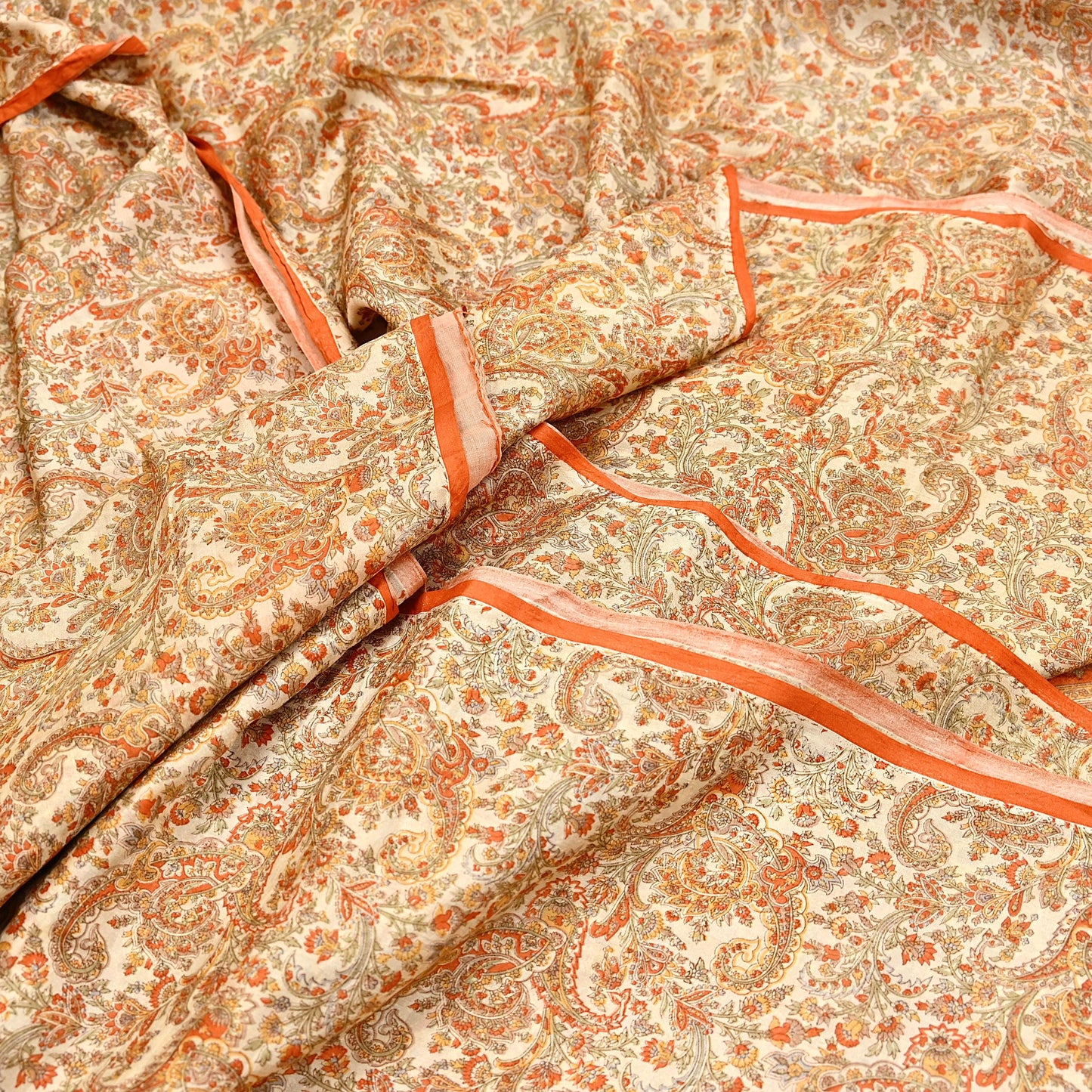 Indian Vintage Sari Beige & Orange Pure Silk Printed Saree Fabric 6yard Sewing Craft Fabric DressMaking Wrap Floral