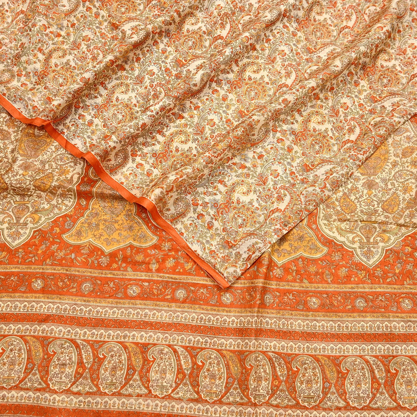 Indian Vintage Sari Beige & Orange Pure Silk Printed Saree Fabric 6yard Sewing Craft Fabric DressMaking Wrap Floral