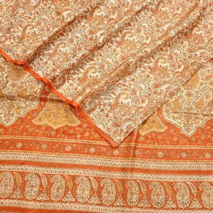 Indian Vintage Sari Beige & Orange Pure Silk Printed Saree Fabric 6yard Sewing Craft Fabric DressMaking Wrap Floral