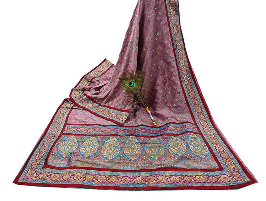 Vintage Heavy Wedding Pink & Blue Sari Pure Silk Hand Embroidered Banarsi Brocade Sarees Zari 5Yd Dress making Crafting Quilting