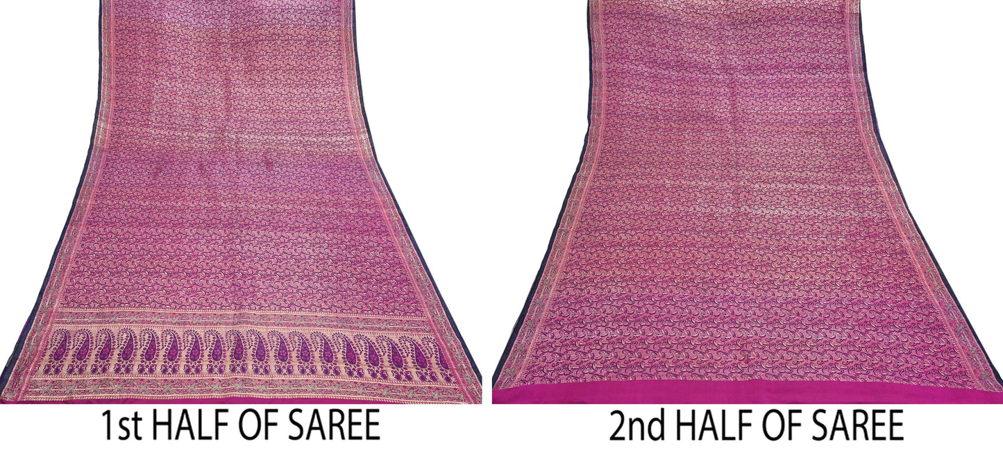 Indian Vintage Sari Purple Heavy Pure Satin Silk Woven Banarasi Tanchoi Saree 5Yd Ethnic Craft Fabric Upcycle Bridal Heavy Sarees