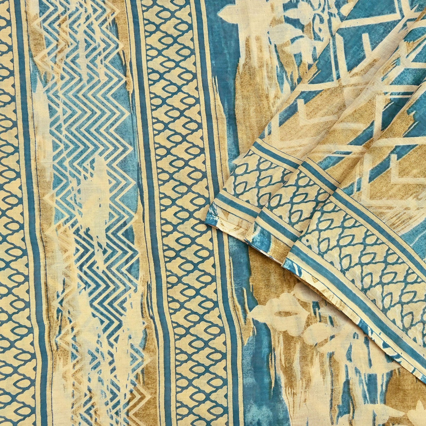 Indian Vintage Sari Green & Ivory Printed Pure Cotton Sarees 5Yd Craft Fabric Soft Sewing Sarong Wrap Boho Upcycle quilting Dress making