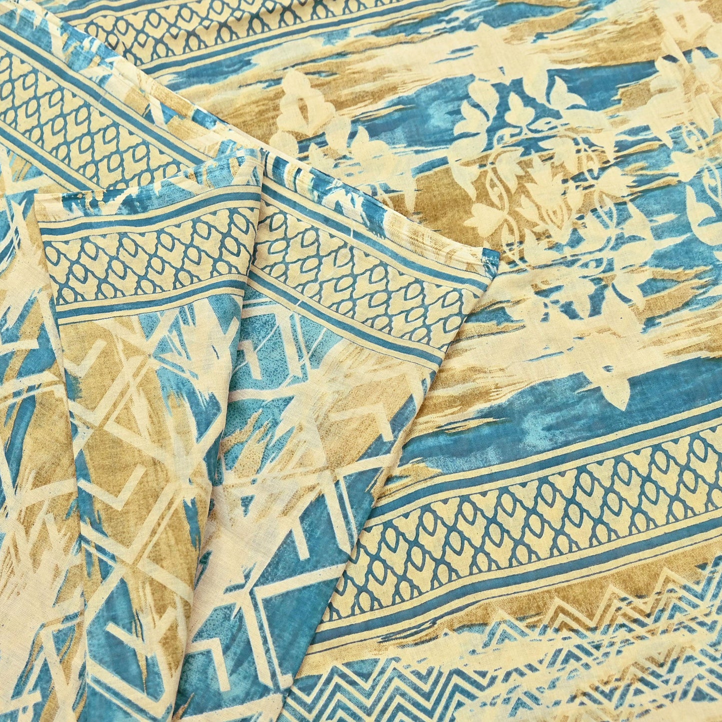 Indian Vintage Sari Green & Ivory Printed Pure Cotton Sarees 5Yd Craft Fabric Soft Sewing Sarong Wrap Boho Upcycle quilting Dress making