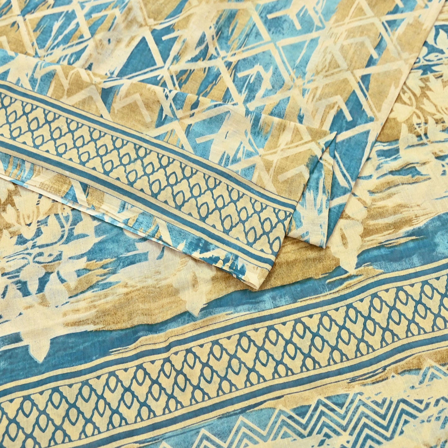 Indian Vintage Sari Green & Ivory Printed Pure Cotton Sarees 5Yd Craft Fabric Soft Sewing Sarong Wrap Boho Upcycle quilting Dress making