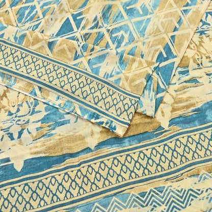 Indian Vintage Sari Green & Ivory Printed Pure Cotton Sarees 5Yd Craft Fabric Soft Sewing Sarong Wrap Boho Upcycle quilting Dress making