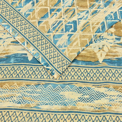 Indian Vintage Sari Green & Ivory Printed Pure Cotton Sarees 5Yd Craft Fabric Soft Sewing Sarong Wrap Boho Upcycle quilting Dress making