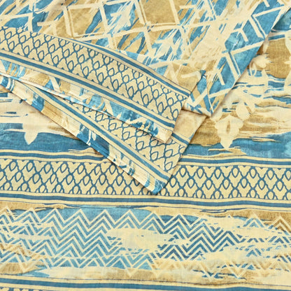 Indian Vintage Sari Green & Ivory Printed Pure Cotton Sarees 5Yd Craft Fabric Soft Sewing Sarong Wrap Boho Upcycle quilting Dress making