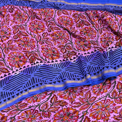 Indian Vintage Sari Blue & Pink Pure chanderi Silk Bagru Printed Sarees Fabric 5Yd Floral Soft Golden Zari Border Ethnic Dress making