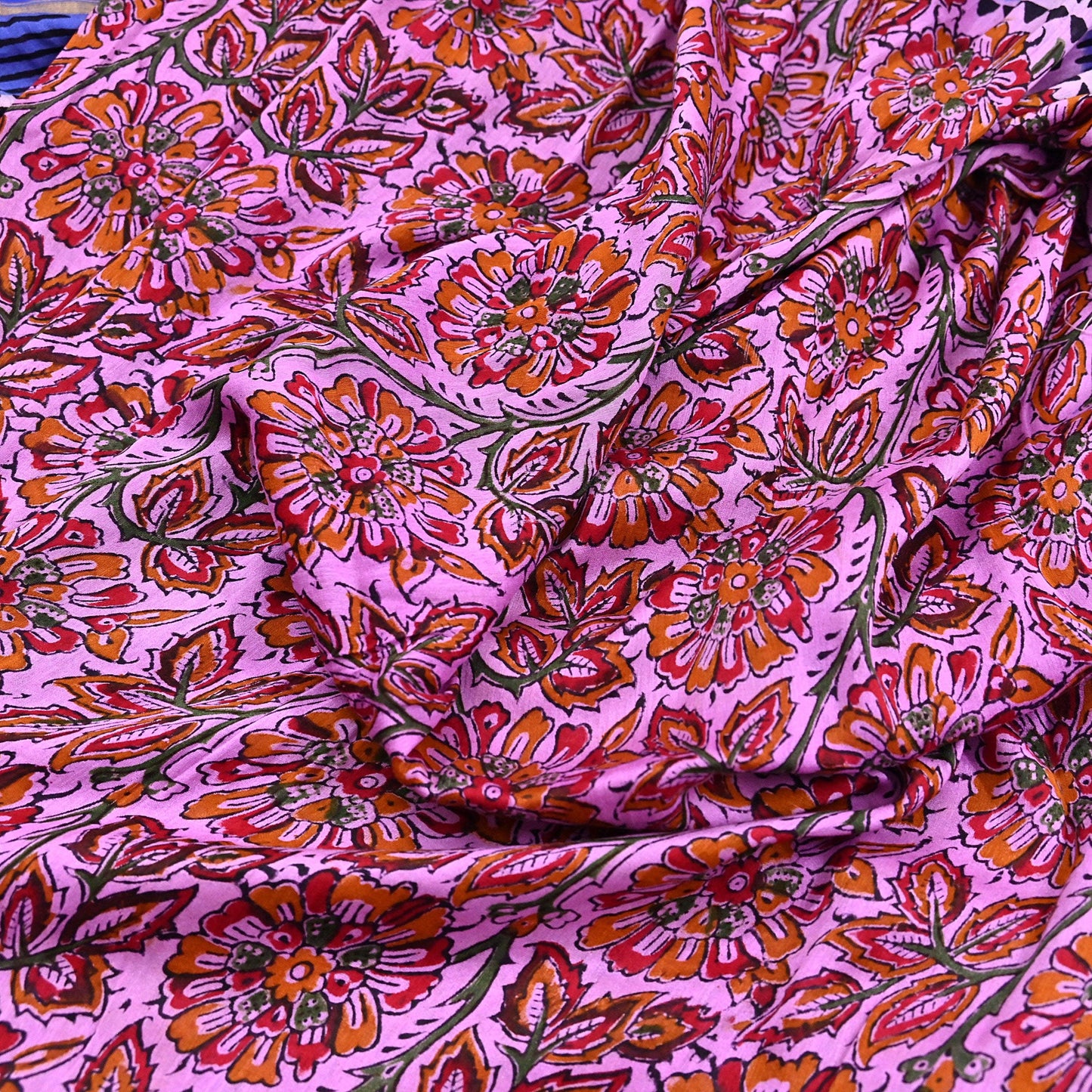 Indian Vintage Sari Blue & Pink Pure chanderi Silk Bagru Printed Sarees Fabric 5Yd Floral Soft Golden Zari Border Ethnic Dress making