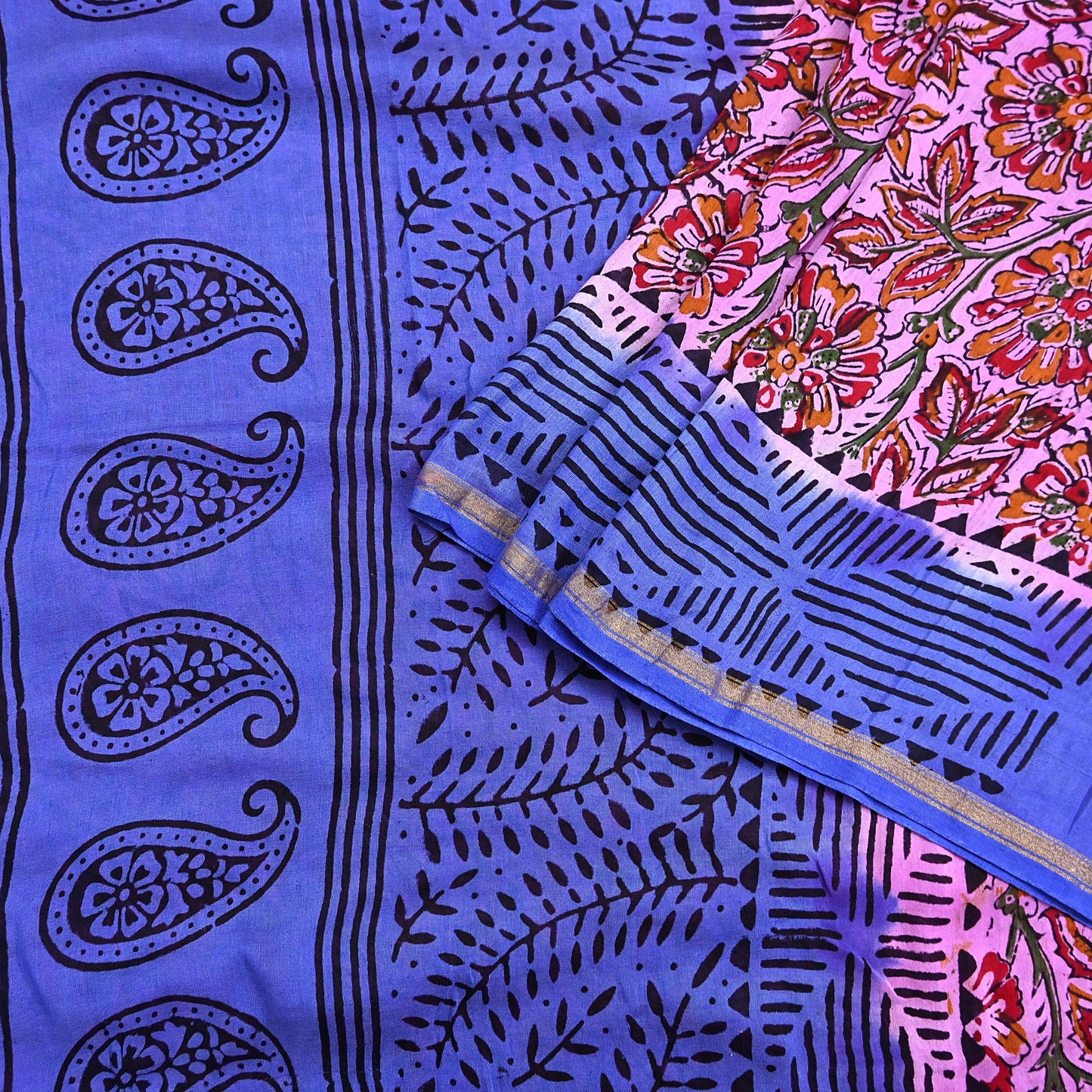 Indian Vintage Sari Blue & Pink Pure chanderi Silk Bagru Printed Sarees Fabric 5Yd Floral Soft Golden Zari Border Ethnic Dress making