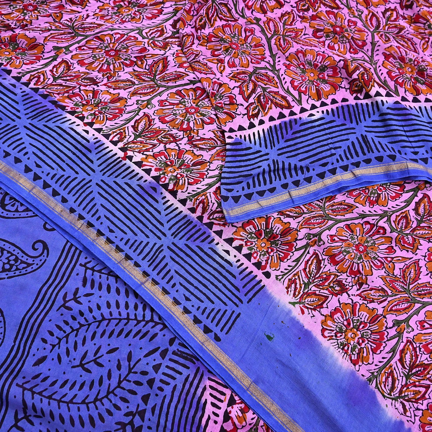 Indian Vintage Sari Blue & Pink Pure chanderi Silk Bagru Printed Sarees Fabric 5Yd Floral Soft Golden Zari Border Ethnic Dress making