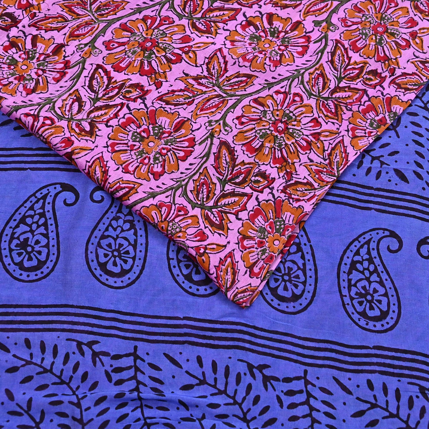 Indian Vintage Sari Blue & Pink Pure chanderi Silk Bagru Printed Sarees Fabric 5Yd Floral Soft Golden Zari Border Ethnic Dress making