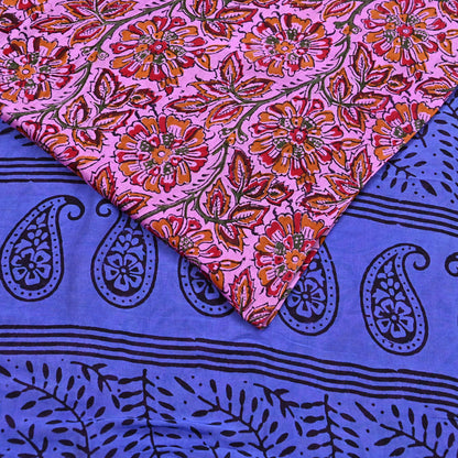 Indian Vintage Sari Blue & Pink Pure chanderi Silk Bagru Printed Sarees Fabric 5Yd Floral Soft Golden Zari Border Ethnic Dress making