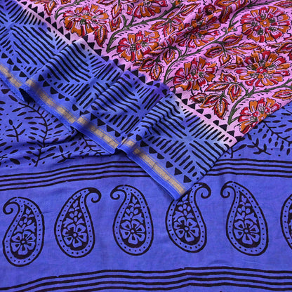Indian Vintage Sari Blue & Pink Pure chanderi Silk Bagru Printed Sarees Fabric 5Yd Floral Soft Golden Zari Border Ethnic Dress making