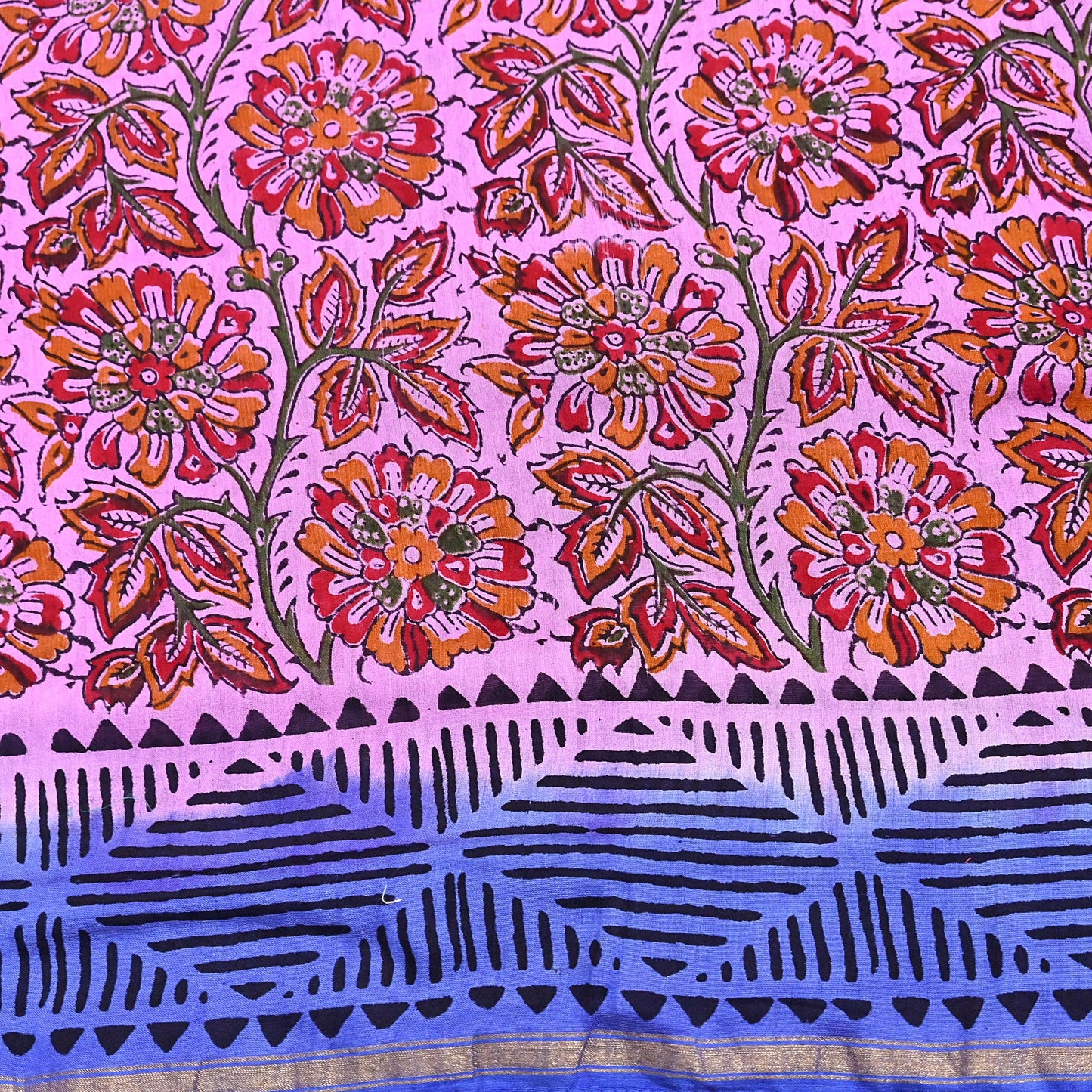 Indian Vintage Sari Blue & Pink Pure chanderi Silk Bagru Printed Sarees Fabric 5Yd Floral Soft Golden Zari Border Ethnic Dress making