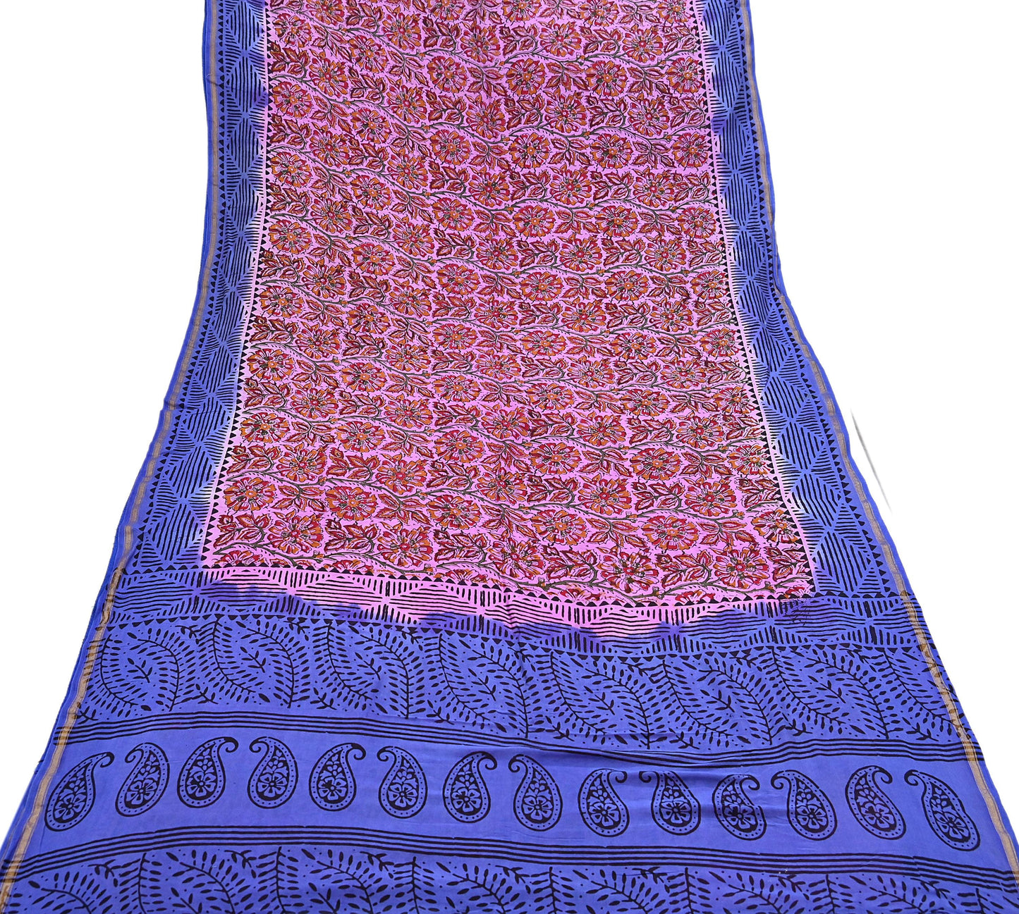 Indian Vintage Sari Blue & Pink Pure chanderi Silk Bagru Printed Sarees Fabric 5Yd Floral Soft Golden Zari Border Ethnic Dress making