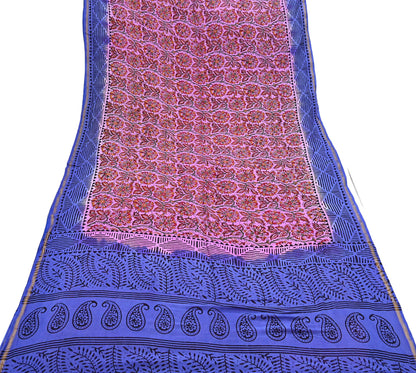 Indian Vintage Sari Blue & Pink Pure chanderi Silk Bagru Printed Sarees Fabric 5Yd Floral Soft Golden Zari Border Ethnic Dress making