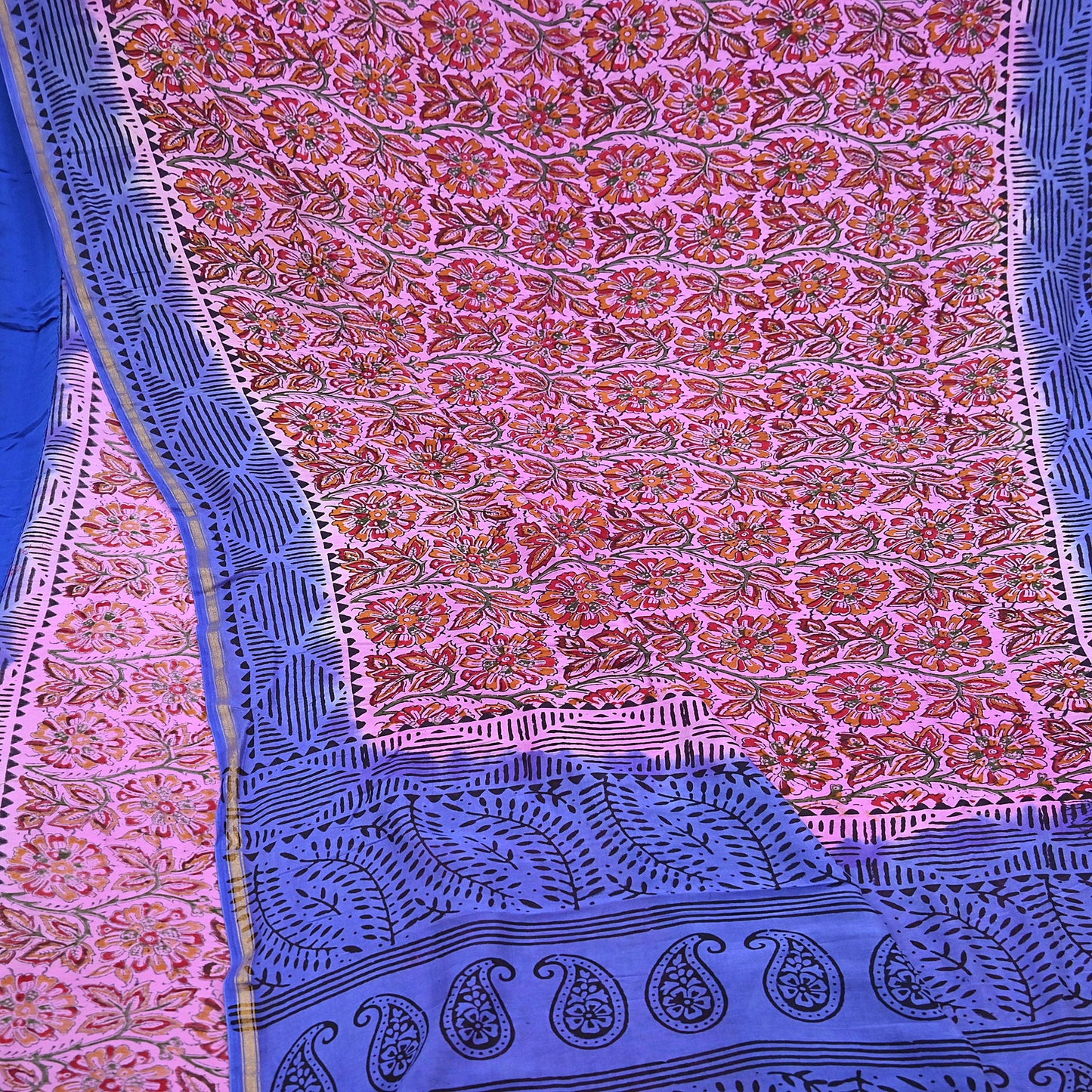 Indian Vintage Sari Blue & Pink Pure chanderi Silk Bagru Printed Sarees Fabric 5Yd Floral Soft Golden Zari Border Ethnic Dress making