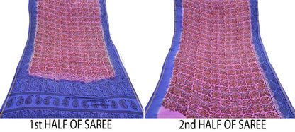 Indian Vintage Sari Blue & Pink Pure chanderi Silk Bagru Printed Sarees Fabric 5Yd Floral Soft Golden Zari Border Ethnic Dress making