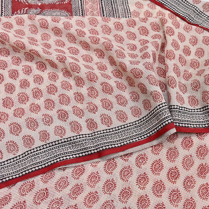 Indian Vintage Red & Beige Sarees Pure Cotton Block Printed Sari 5yd Sewing Craft Fabric DressMaking Soft Crafting Quilting Upcycle