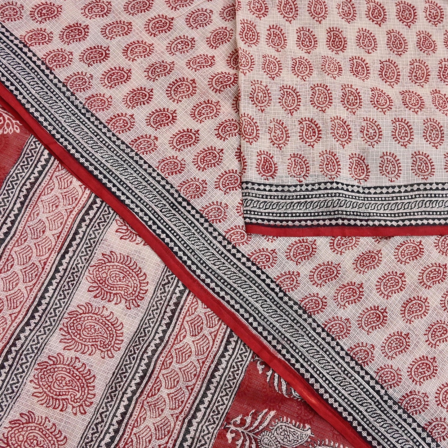 Indian Vintage Red & Beige Sarees Pure Cotton Block Printed Sari 5yd Sewing Craft Fabric DressMaking Soft Crafting Quilting Upcycle