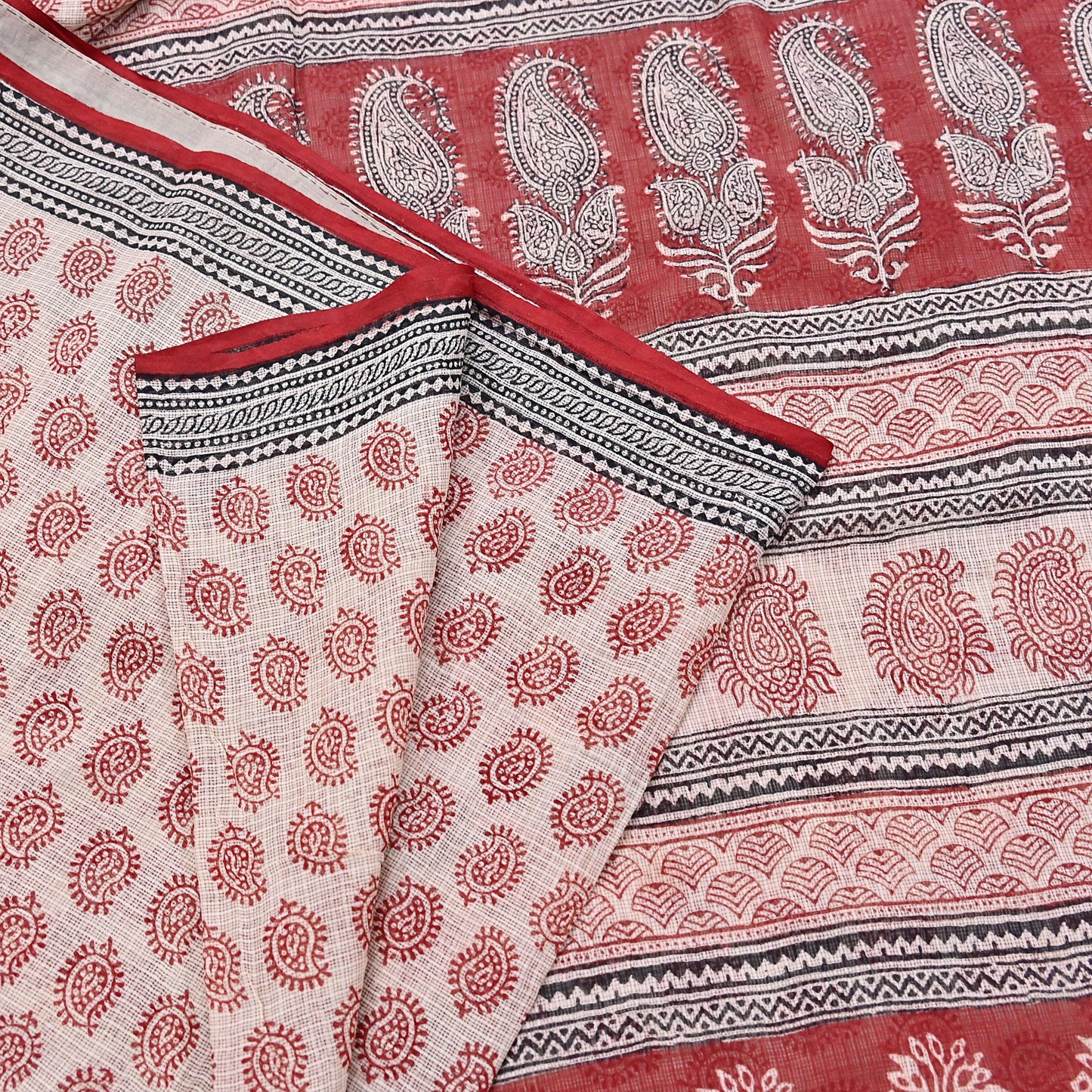 Indian Vintage Red & Beige Sarees Pure Cotton Block Printed Sari 5yd Sewing Craft Fabric DressMaking Soft Crafting Quilting Upcycle