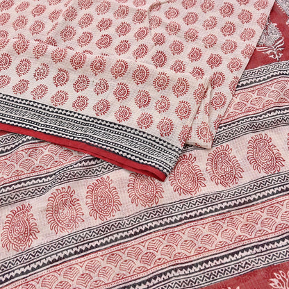 Indian Vintage Red & Beige Sarees Pure Cotton Block Printed Sari 5yd Sewing Craft Fabric DressMaking Soft Crafting Quilting Upcycle