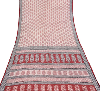 Indian Vintage Red & Beige Sarees Pure Cotton Block Printed Sari 5yd Sewing Craft Fabric DressMaking Soft Crafting Quilting Upcycle