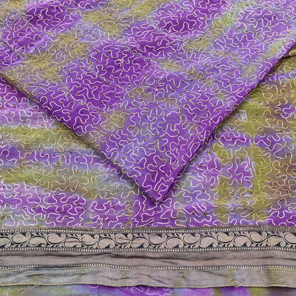 Indian Vintage Purple & Green Saree Pure Crepe Silk Hand Embroidered Tie-Dye Sari Fabric 6yard Sewing Craft Fabric Ethnic zari