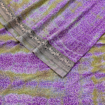 Indian Vintage Purple & Green Saree Pure Crepe Silk Hand Embroidered Tie-Dye Sari Fabric 6yard Sewing Craft Fabric Ethnic zari