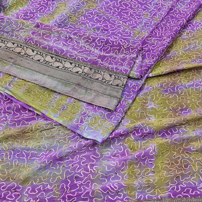 Indian Vintage Purple & Green Saree Pure Crepe Silk Hand Embroidered Tie-Dye Sari Fabric 6yard Sewing Craft Fabric Ethnic zari