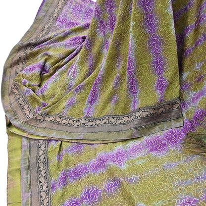 Indian Vintage Purple & Green Saree Pure Crepe Silk Hand Embroidered Tie-Dye Sari Fabric 6yard Sewing Craft Fabric Ethnic zari