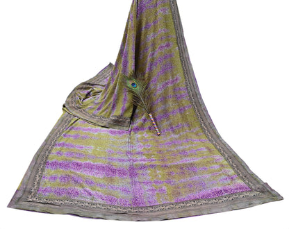 Indian Vintage Purple & Green Saree Pure Crepe Silk Hand Embroidered Tie-Dye Sari Fabric 6yard Sewing Craft Fabric Ethnic zari