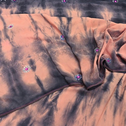 Indian Vintage Saree Peach & Black Pure Crepe Silk Hand Embroidered Tie-Dye Sari Fabric 5yard Sewing Craft Fabric Dressmaking Crafting Zari