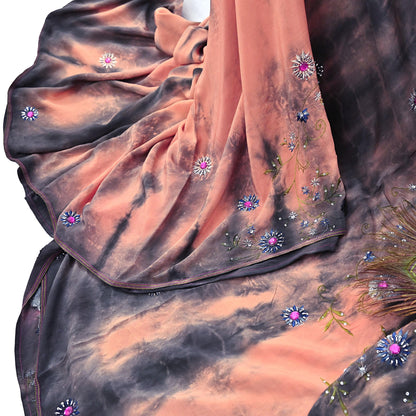 Indian Vintage Saree Peach & Black Pure Crepe Silk Hand Embroidered Tie-Dye Sari Fabric 5yard Sewing Craft Fabric Dressmaking Crafting Zari