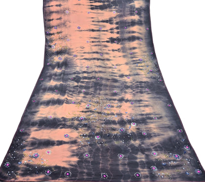 Indian Vintage Saree Peach & Black Pure Crepe Silk Hand Embroidered Tie-Dye Sari Fabric 5yard Sewing Craft Fabric Dressmaking Crafting Zari