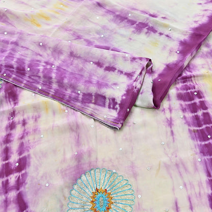Indian Vintage Purple & Ivory Saree Pure Crepe Silk Hand Embroidered Tie-Dye Sari Fabric 5yard Sewing Craft Fabric Ethnic zari