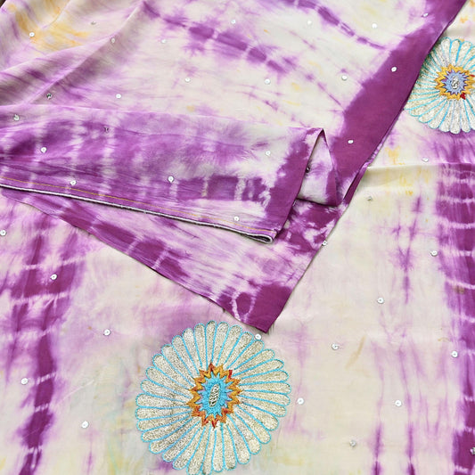 Indian Vintage Purple & Ivory Saree Pure Crepe Silk Hand Embroidered Tie-Dye Sari Fabric 5yard Sewing Craft Fabric Ethnic zari