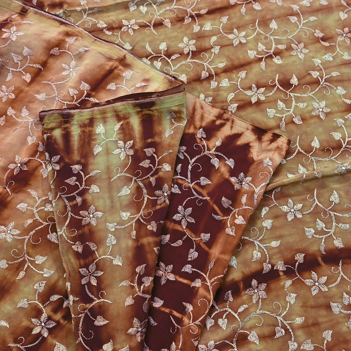 Indian Vintage Saree Brown & Green Pure Crepe Silk Tie-Dye Embroidered Sari Fabric 5yard Sewing Floral Soft Zari