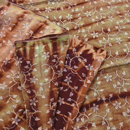 Indian Vintage Saree Brown & Green Pure Crepe Silk Tie-Dye Embroidered Sari Fabric 5yard Sewing Floral Soft Zari