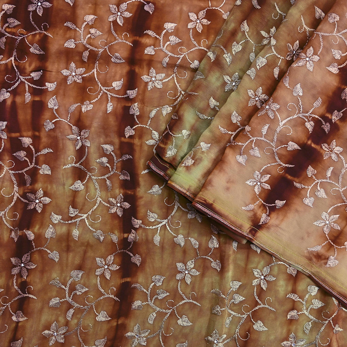 Indian Vintage Saree Brown & Green Pure Crepe Silk Tie-Dye Embroidered Sari Fabric 5yard Sewing Floral Soft Zari