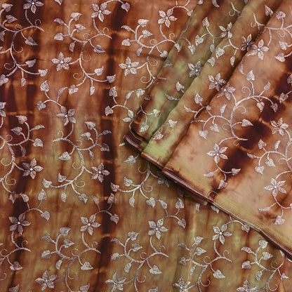 Indian Vintage Saree Brown & Green Pure Crepe Silk Tie-Dye Embroidered Sari Fabric 5yard Sewing Floral Soft Zari