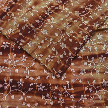Indian Vintage Saree Brown & Green Pure Crepe Silk Tie-Dye Embroidered Sari Fabric 5yard Sewing Floral Soft Zari