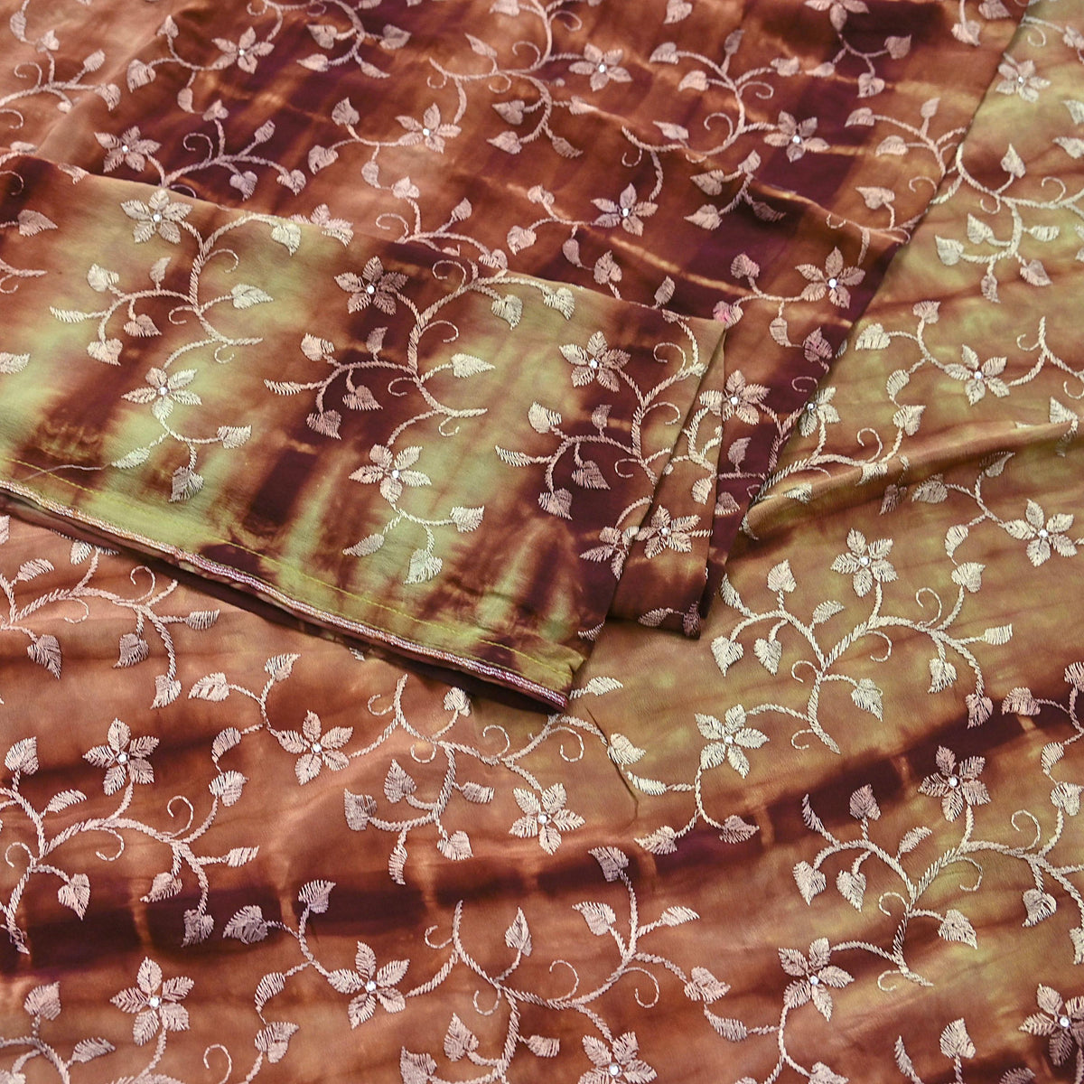 Indian Vintage Saree Brown & Green Pure Crepe Silk Tie-Dye Embroidered Sari Fabric 5yard Sewing Floral Soft Zari
