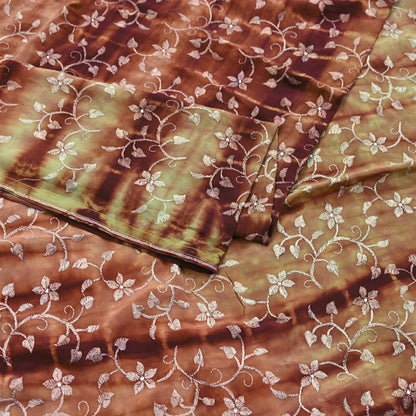 Indian Vintage Saree Brown & Green Pure Crepe Silk Tie-Dye Embroidered Sari Fabric 5yard Sewing Floral Soft Zari