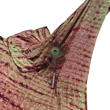 Indian Vintage Saree Brown & Green Pure Crepe Silk Tie-Dye Embroidered Sari Fabric 5yard Sewing Floral Soft Zari