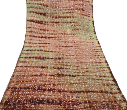 Indian Vintage Saree Brown & Green Pure Crepe Silk Tie-Dye Embroidered Sari Fabric 5yard Sewing Floral Soft Zari