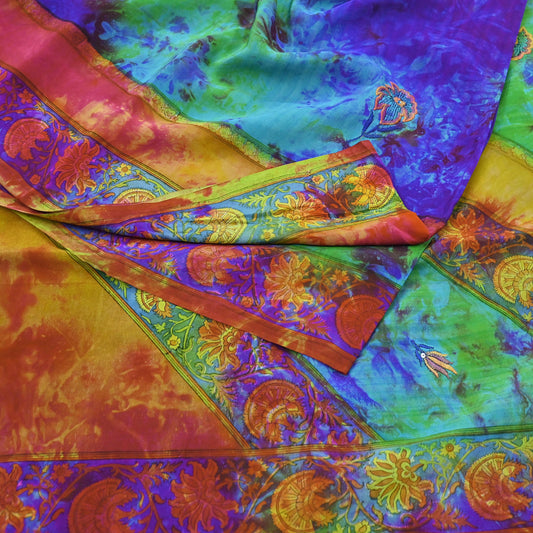 Indian Vintage Saree Multi Pure Crepe Silk Hand Embroidered Tie-Dye Sari Fabric 5yard Sewing Craft Fabric Ethnic Dressmaking
