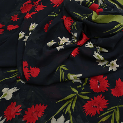 Indian Vintage Sari Black Pure Georgette Silk Printed Saree Craft Fabric Sewing 6Yd Soft Light Dress Making Crafting Quilting Upcycle