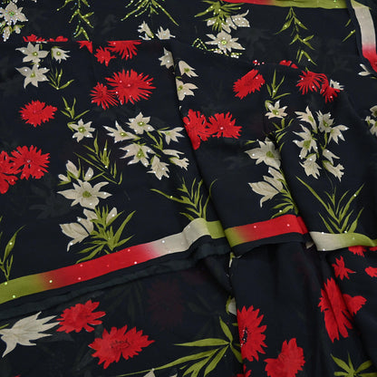 Indian Vintage Sari Black Pure Georgette Silk Printed Saree Craft Fabric Sewing 6Yd Soft Light Dress Making Crafting Quilting Upcycle